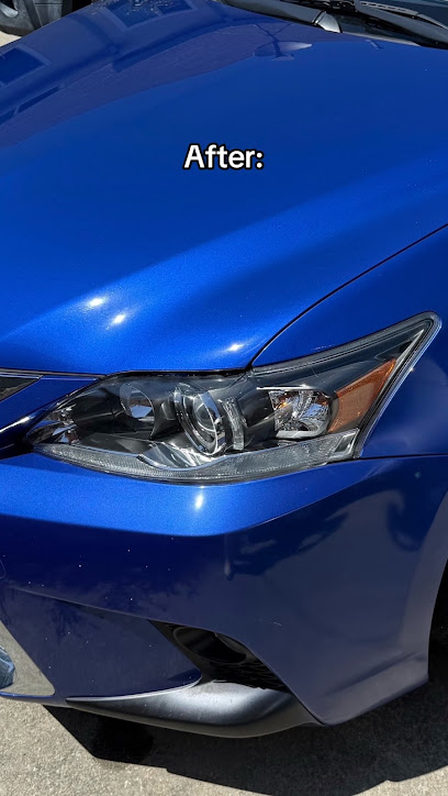 The same headlight restored to clear on a blue car